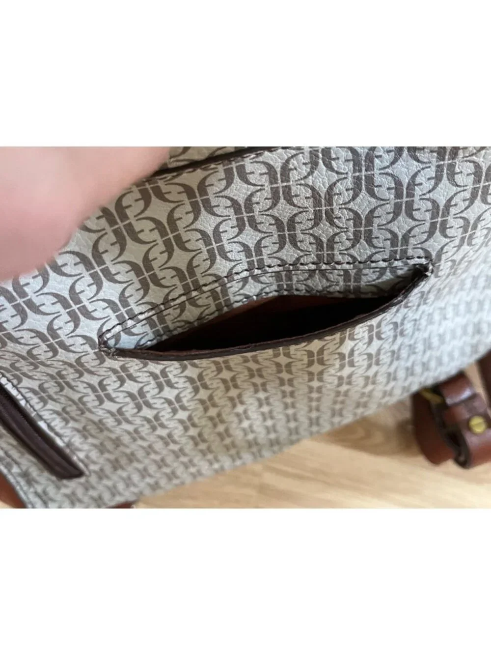 Fossil Elina Convertible Backpack Tan Cream Monogram Pattern With Floral Accents